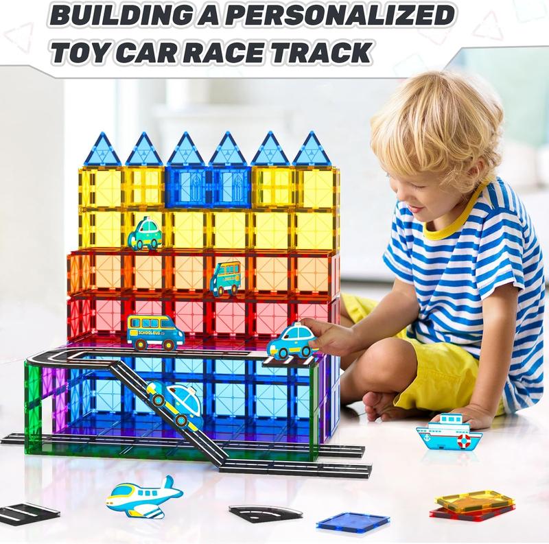 Magnetic Tiles - Road Set with Car Toys, STEM Magnetic Blocks Building Toys for Toddlers, Construction Toys for Kids Ages 3 Toys for Boys & Girls