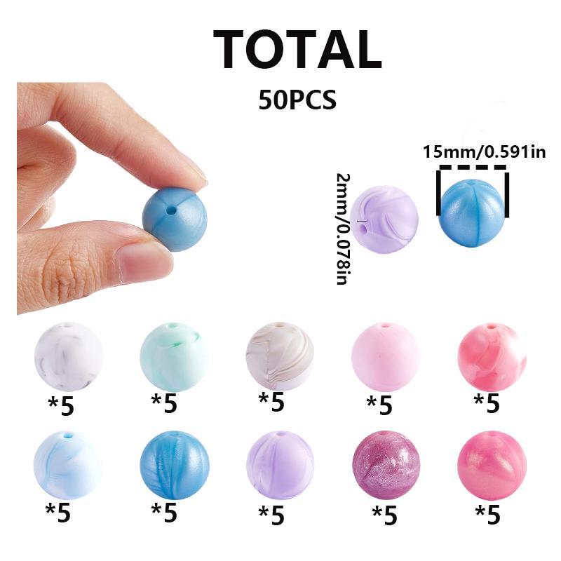 15mm Silicone Bead, 50pcs Mixed Color Loose Round Beads, DIY Jewelry Making Supplies for Necklace, Bracelet, Keychain, Phone Chain