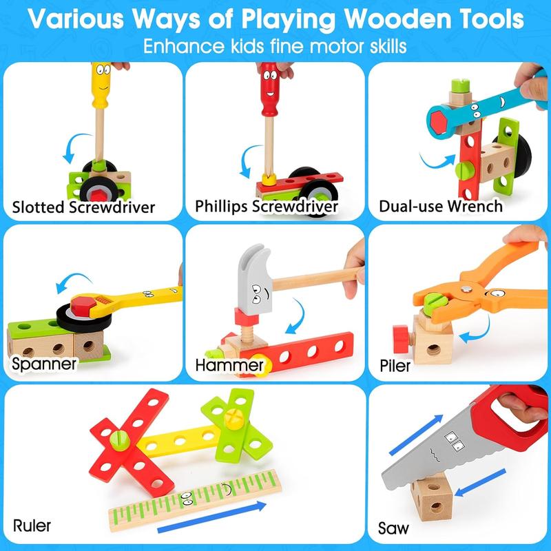 Kids Tool Set Toy, Stem Montessori Toys for 3 4 5 Years Old Boy Girl, 43 Pcs Wooden Toddler Tool Kits Inc Box, Learning Educational Construction Toy, Birthday for Kids