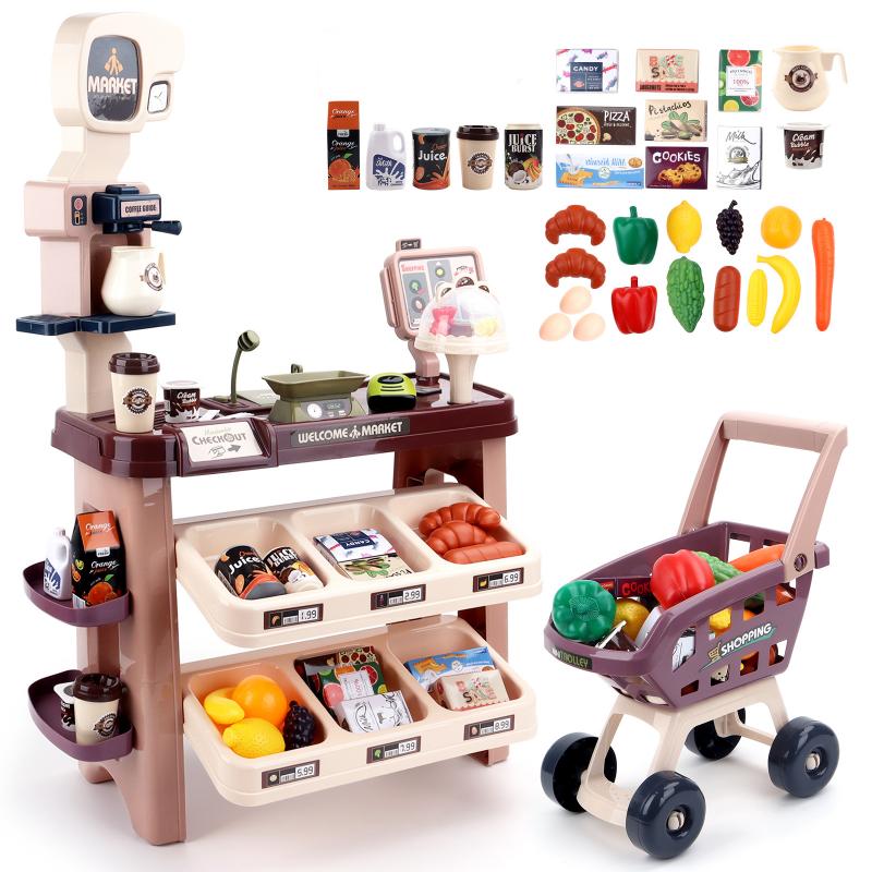 deAO Supermarket Playset Grocery Store Pretend Play Role Market Stall Toy Shop with Shopping Cart, Plays Kitchen Set