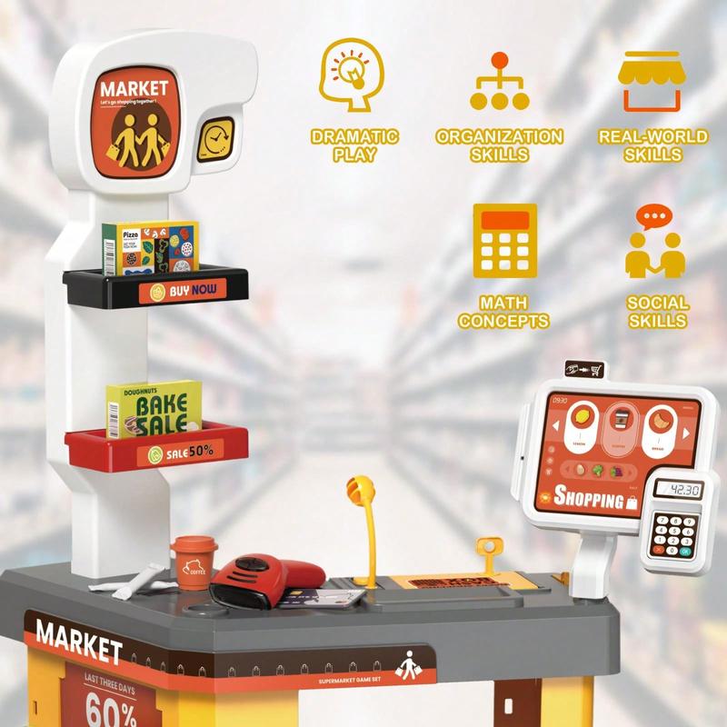 Supermarket Set Role Play Superstore For Kids, Shop Toys Supermarket With Light, Sound, Working Scanner, Shopping Cart And Accessories Included, Christmas Birthday Gift