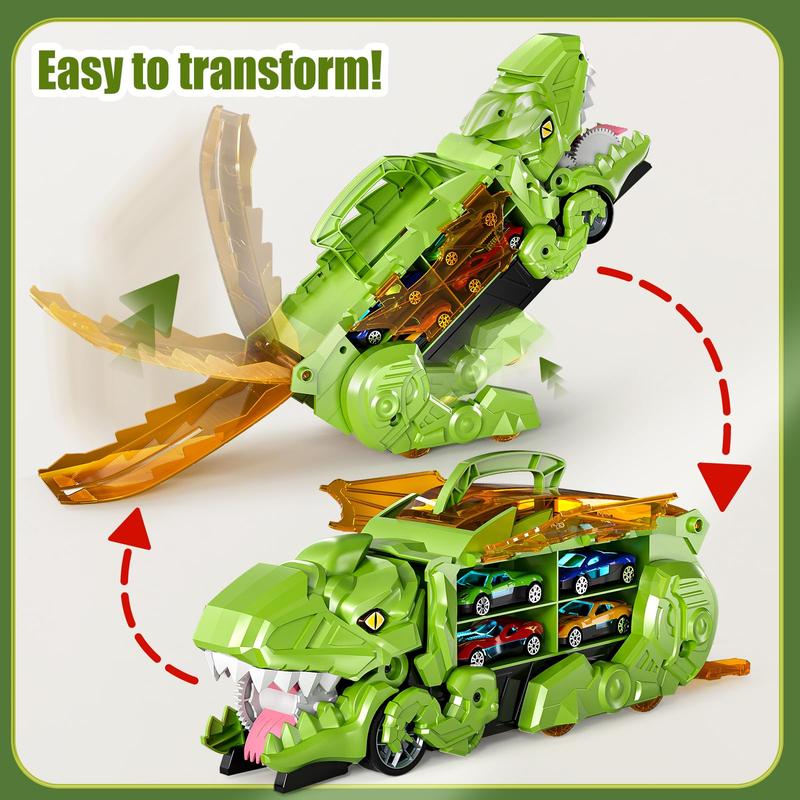 Transformed Dinosaur Truck Toy with 10 Diecast Racing Cars, Dino Transport Car with Wings and Handle , Birthday Gift for