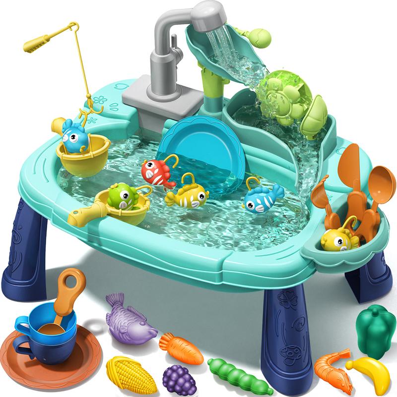 Geyiie Play Sink with Running Water for Toddlers, Includes Real Faucet, Kitchen Accessories, Fishing Toys and Waterwheel