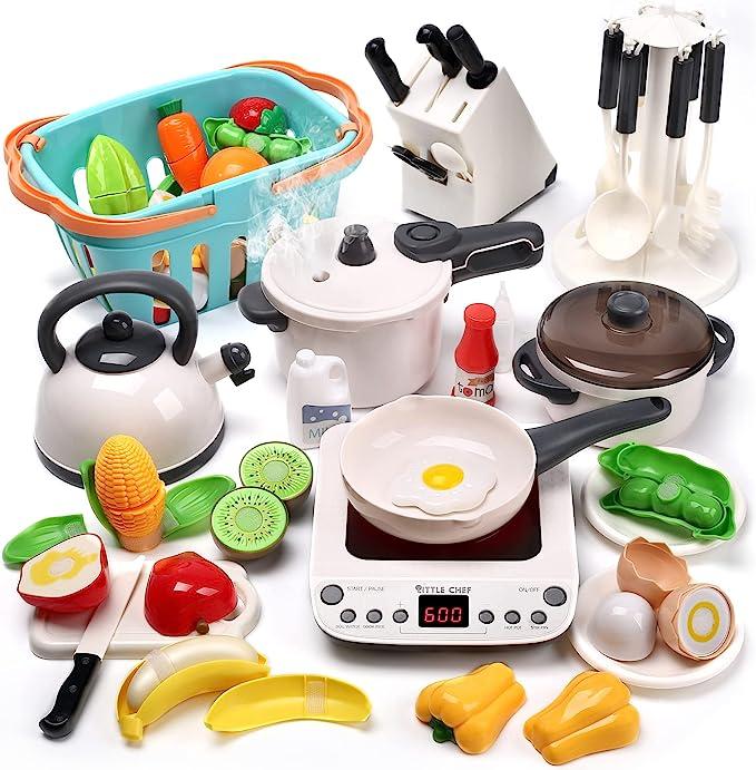 CUTE STONE Pretend Play Kitchen Toy with Cookware Steam Pressure Pot and Electronic Induction Cooktop, Cooking Utensils