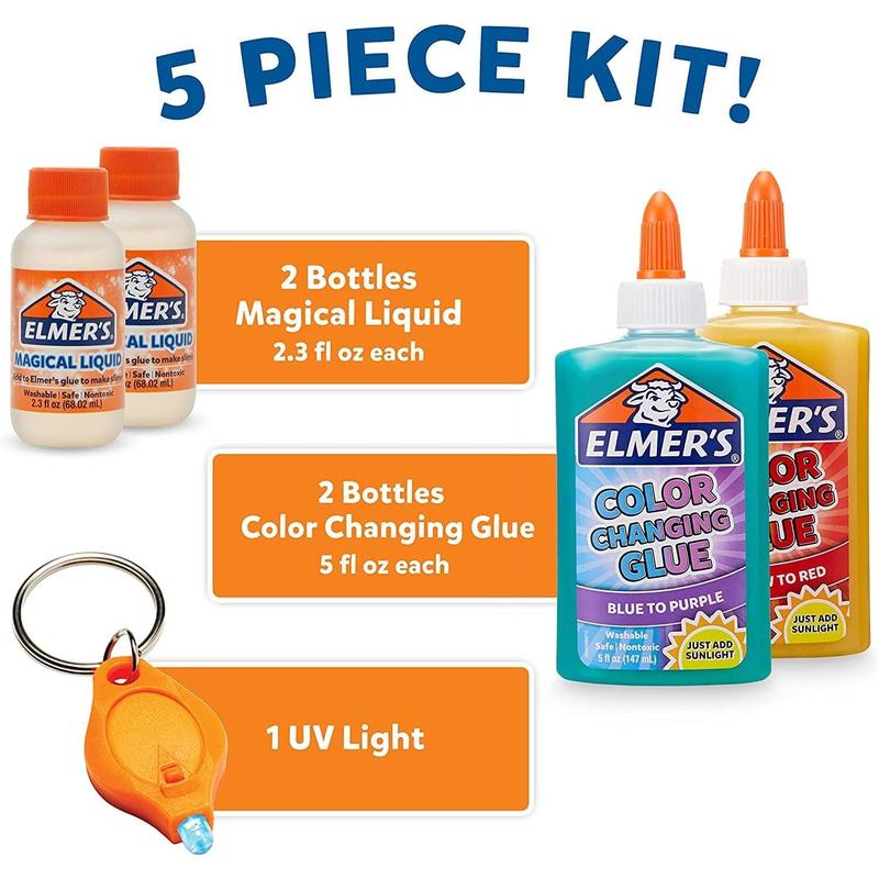 Elmer's Color Changing Slime Kit | Slime Supplies Include Elmer's Color Changing Glue, Elmer's Magical Liquid Slime Activator, UV Light, 5 Piece Kit, Blue Purple + Yellow Red