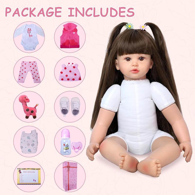 Reborn Baby Dolls 24 Inch Realistic Baby Doll Toddler Girl With Long Hair Weighted Lifelike Baby Vinyl Limbs & Soft Cloth Body Feeding Kit Toys Birth Certificate Accessories Gifts For Kids Age 3+