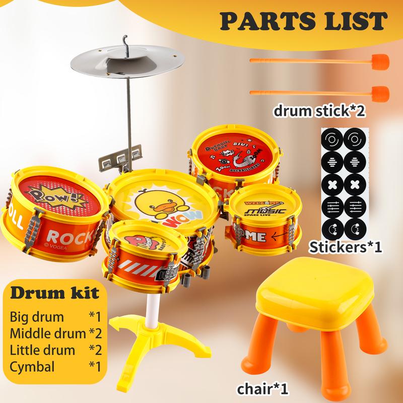 Toddler Drum Set with Chair - Mini Drum Toys with Stickers & Drumsticks for Kids 1-3 Years, Musical Learning & Gift for Boys & Girls