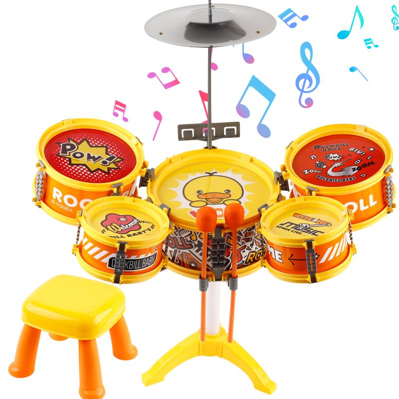 Toddler Drum Set with Chair - Mini Drum Toys with Stickers & Drumsticks for Kids 1-3 Years, Musical Learning & Gift for Boys & Girls