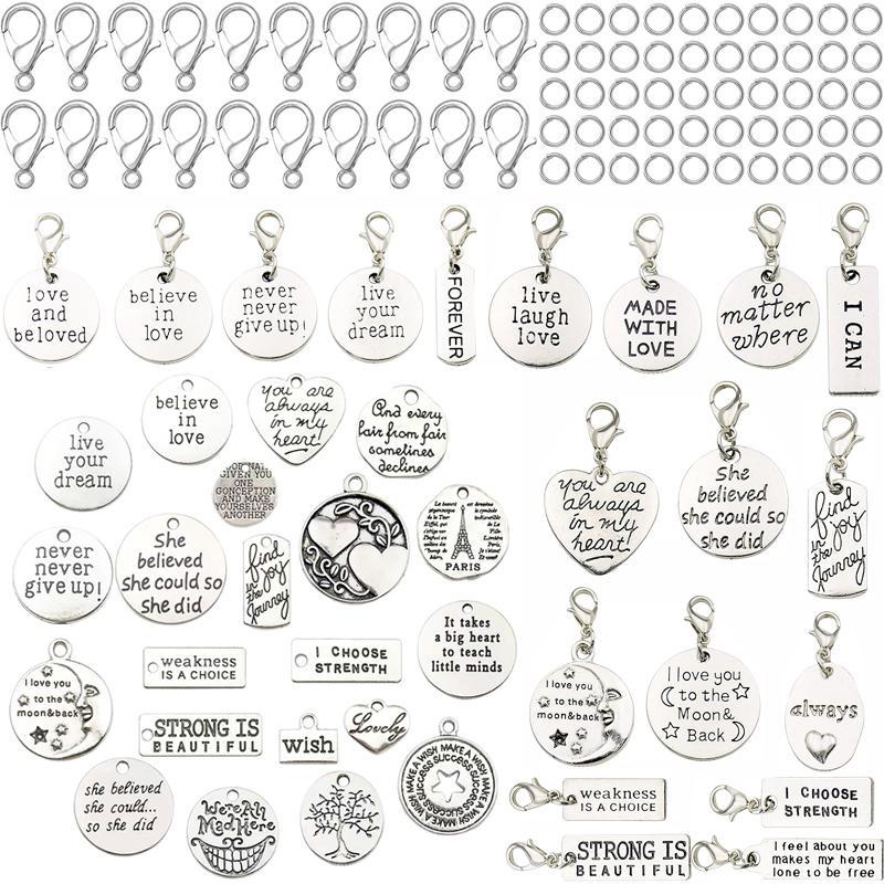 Mixed Shape Keychain Set, 100pcs set Vintage Letter Pattern Pendant, DIY Jewelry Making Accessories for Bracelet Necklace Earrings