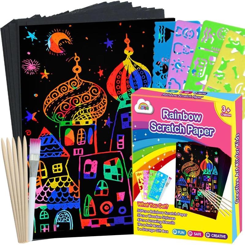 Scratch Paper Art Set, Rainbow Magic Scratch Paper  Black Scratch Off Art Crafts Kits Notes with 5 Wooden Stylus Toy Halloween Party Game Christmas Birthday Gift