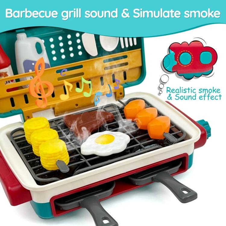 Special Gift-Kids Play Food Grill with Pretend Smoke Sound Light Kitchen Playset BBQ Accessories Camping Cooking Set Barbecue Children Girl Boy Toy Birthday Kid Outdoor Toy Gift Idea