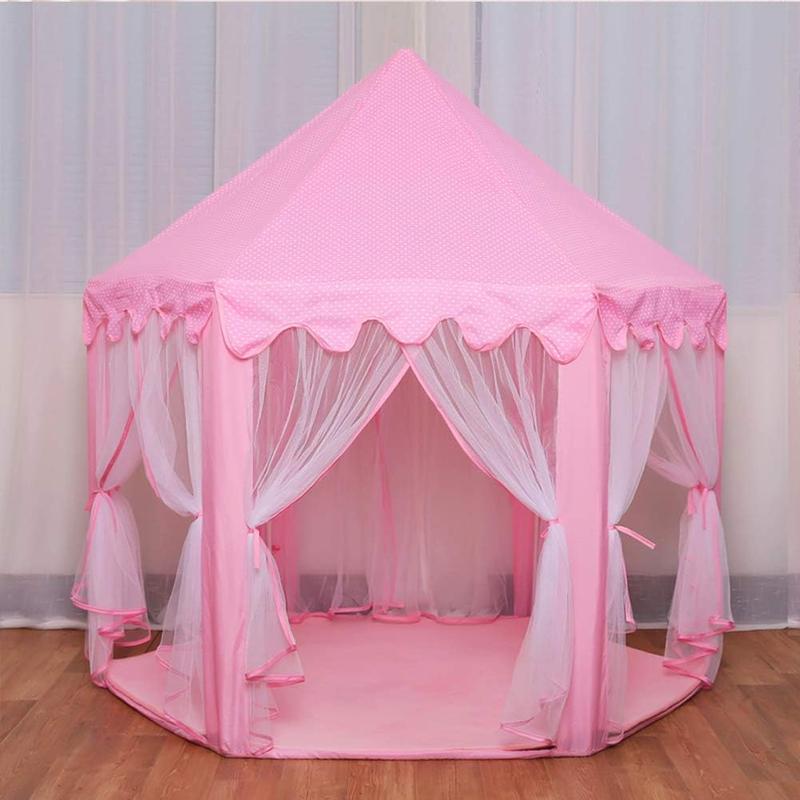 Princess Play Castle Tent with Soft Rug – Includes Star String Lights & Banner Decor – Pink Playhouse for Girls, Indoor Outdoor Kids House