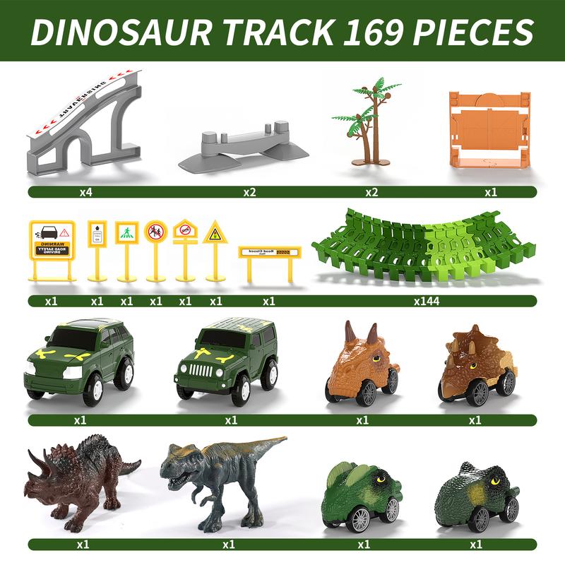 Dinosaur Toys Race Car Track 169 PCS, 2 Dino and Flexable Race Track Create A Dinosaur Road Toys, Dinosaur Toys with 6 PCS Christmas Gifts Dino Car