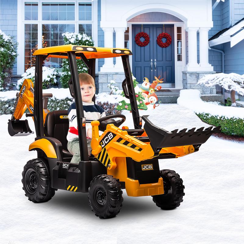 CoCLUB 12V Kids Ride on Excavator Digger Toy Cars, JCB Battery Powered Electric Tractor with Remote Control, Ride on Construction Truck w Adjustable Front and Back Loader for Boys Girls