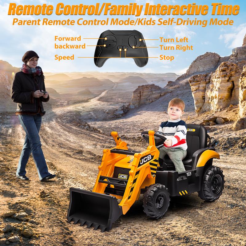 CoCLUB 12V Kids Ride on Excavator Digger Toy Cars, JCB Battery Powered Electric Tractor with Remote Control, Ride on Construction Truck w Adjustable Front and Back Loader for Boys Girls