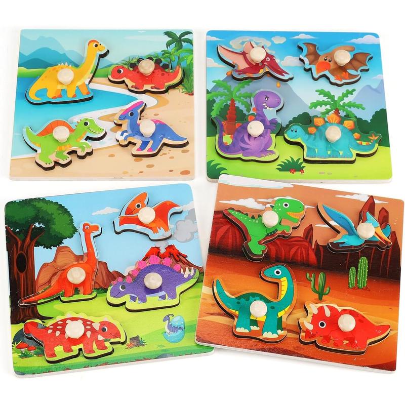 Wooden Peg Puzzles for Toddlers 1-3, Kids' Educational Preschool Peg Puzzle Toy, Set of 4 Toddler Puzzles - Farm, Dinosaur, Fruit and Marine Animals, Ideal Gift for Ages 1 2 3 Boys and Girls