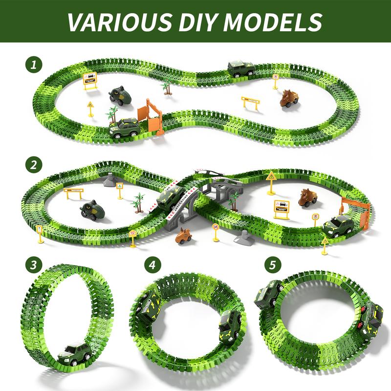 Dinosaur Toys Race Car Track 169 PCS, 2 Dino and Flexable Race Track Create A Dinosaur Road Toys, Dinosaur Toys with 6 PCS Christmas Gifts Dino Car