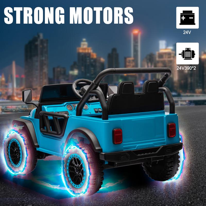 POSTACK 24V Ride on Toy for Big Kids, Off-Road Electric Vehicle with Parental Remote Control, Ride On Car Truck w Bluetooth, Music, LED Lights, Battery Powered Electric Cars for Kids, Blue