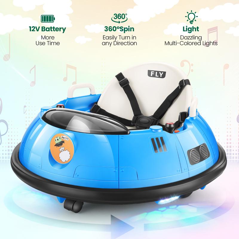 Hikole Ride-Ons Toys Bumper Car with Remote Control for Toddlers - 12V Battery Power, 3 Speeds, 360 Degree Spin, LED Lights, Safety Belt