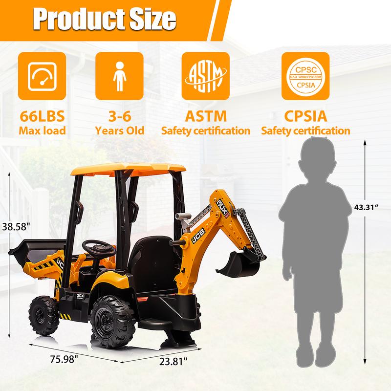 CoCLUB 12V Kids Ride on Excavator Digger Toy Cars, JCB Battery Powered Electric Tractor with Remote Control, Ride on Construction Truck w Adjustable Front and Back Loader for Boys Girls