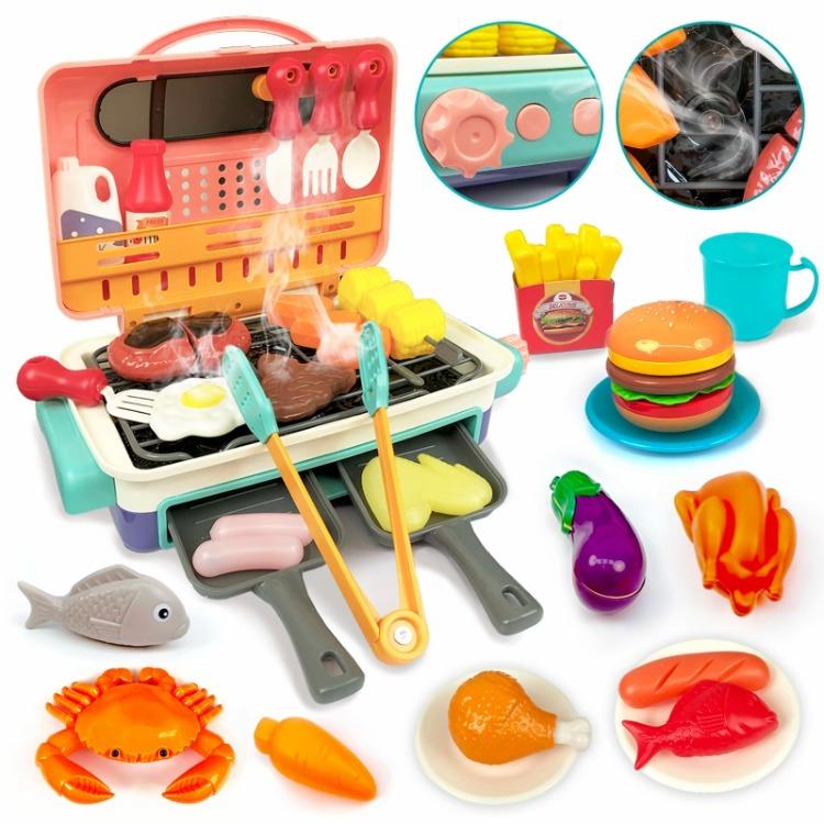 Special Gift-Kids Play Food Grill with Pretend Smoke Sound Light Kitchen Playset BBQ Accessories Camping Cooking Set Barbecue Children Girl Boy Toy Birthday Kid Outdoor Toy Gift Idea