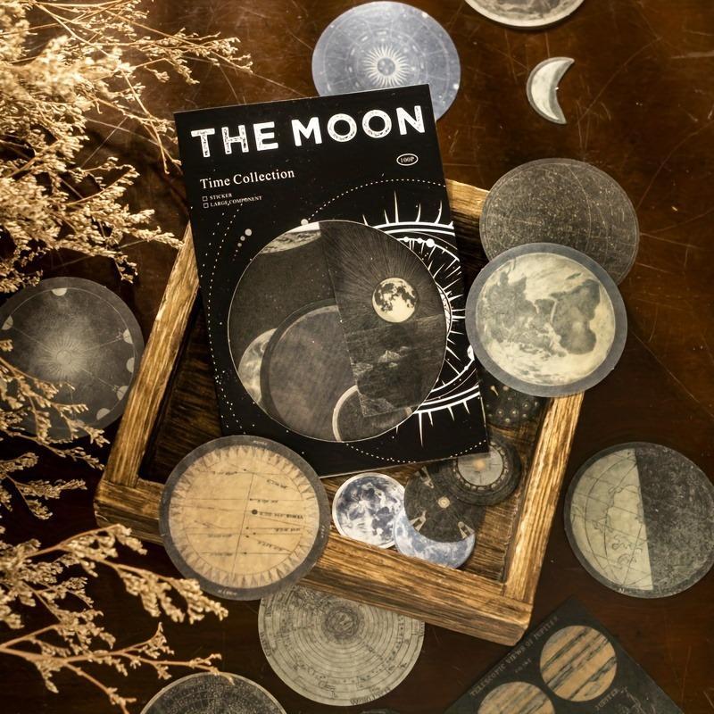 Vintage Round Moon Universe Pattern Paper Sticker, 100pcs Retro Style Decorative Sticker, DIY Decorative Sticker for Scrapbook, Journal, Luggage, Notebooks, Envelopes, Greeting Cards