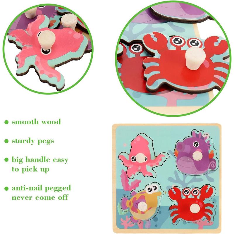 Wooden Peg Puzzles for Toddlers 1-3, Kids' Educational Preschool Peg Puzzle Toy, Set of 4 Toddler Puzzles - Farm, Dinosaur, Fruit and Marine Animals, Ideal Gift for Ages 1 2 3 Boys and Girls