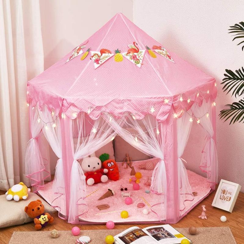 Princess Play Castle Tent with Soft Rug – Includes Star String Lights & Banner Decor – Pink Playhouse for Girls, Indoor Outdoor Kids House