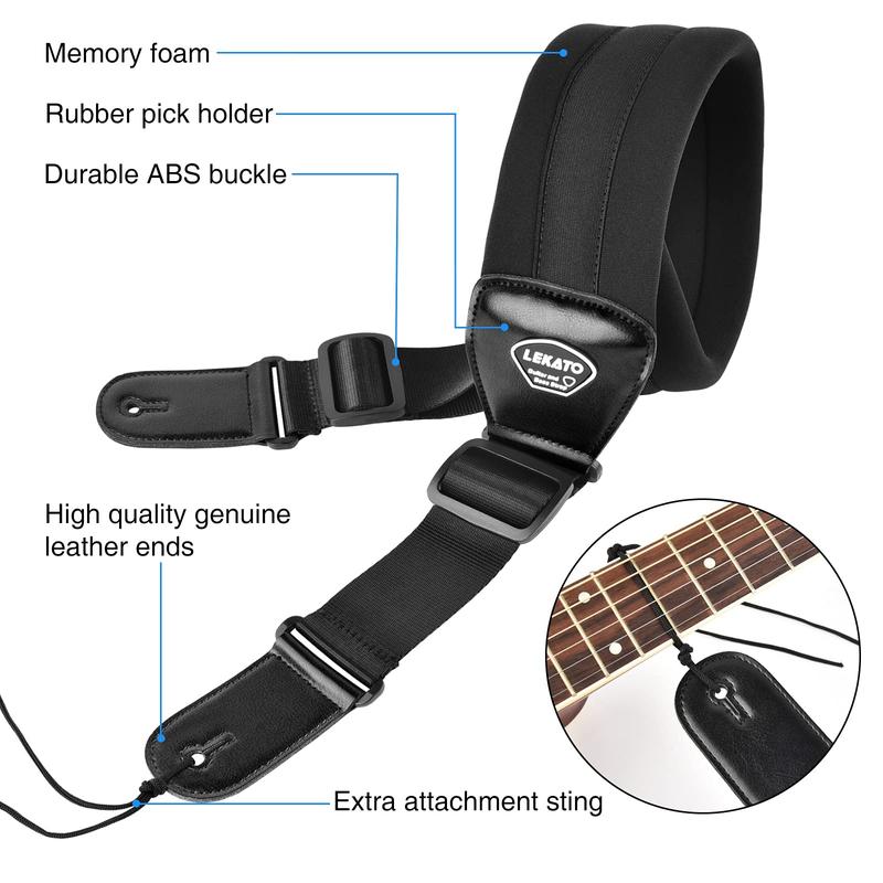 Lekato Bass Guitar Strap, Adjustable Length Padded, with Strap Locks & Picks, for Electric Guitar & Bass, Guitar Accessories