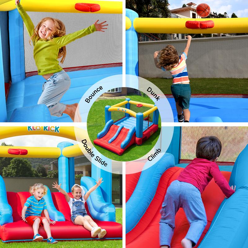 Birthday Present, Bounce House with Blower for Kids 3-6, Indoor Outdoor Bouncy House, Inflatable Bouncer with Double Slides, Basketball Hoop and Lagre Bounce Area, for Party, for 4 Kids (Red)