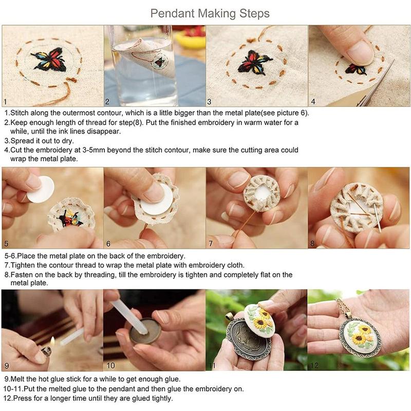 Mini Embroidery Necklace DIY Kit, 1 Set Flower Pattern Pendant DIY Material Package for Making 2 Necklace, DIY Embroidery Tool Kit for Women & Teenager