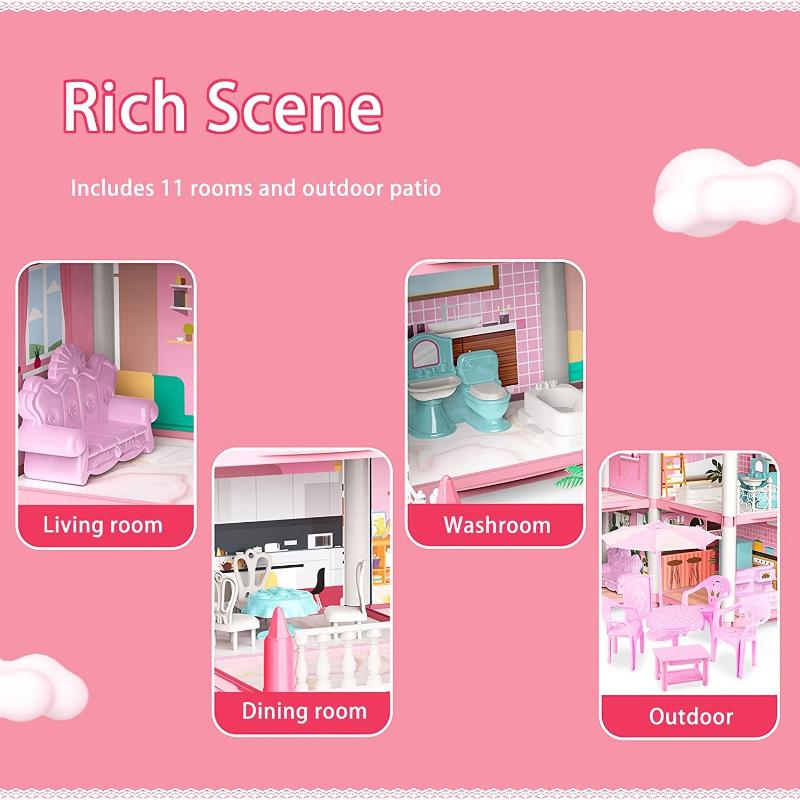 Doll set contains 11 rooms and furniture accessories. Pink children's doll house toy house DIY pretend games to build assembled toys, suitable for birthday gifts of girls aged 5, 6, 7, 8 and 9.