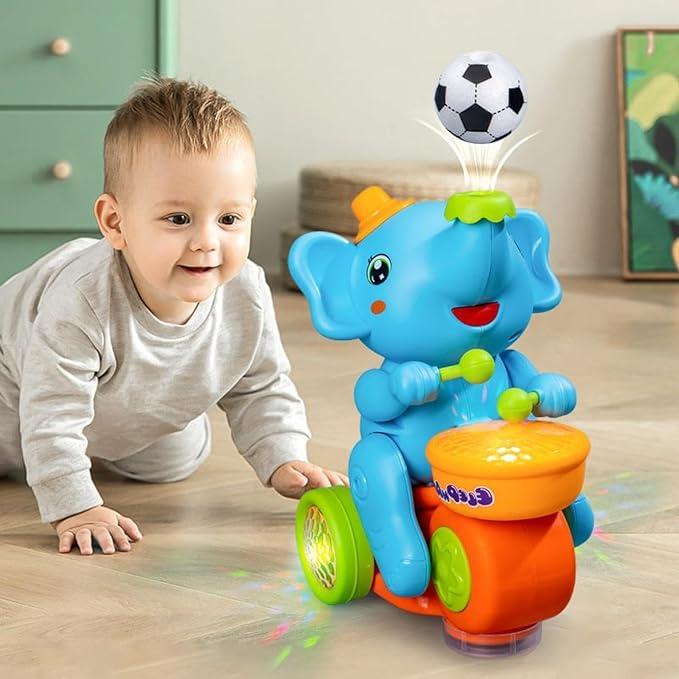 Musical Walking Elephant Drummer Toy Blowing Ball Elephant Toys with Music Lights and Sounds Crawling Toys