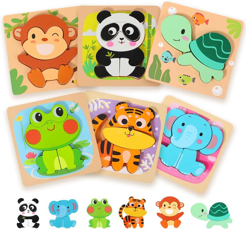 edutree Wooden Puzzles for Toddlers 2-4, 6 Pack Animal Shape Puzzle Montessori Toys for 1 2 3 Year Old, Educational Learning Toys for Girls Boys