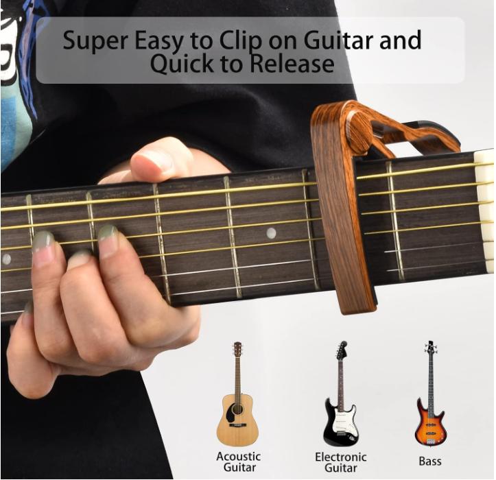 Guitar Capo, Guitar Picks, Guitar Accessories with Guitar Tuner, Capo for Acoustic Guitar, Bass, Buzzing-Free, Quick Release, Guitar Tuner Clip on for Guitar, Violin, Bass, Ukulele Chromatic, Rosewood