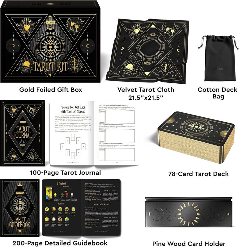 Wyspell Tarot Kit Includes Gold Tarot Cards with Guide Book, a Tarot Cloth, a Tarot Bag, a Tarot Journal, and a Classic Tarot Deck Holder - Beautiful Tarot Cards for Beginners Kit