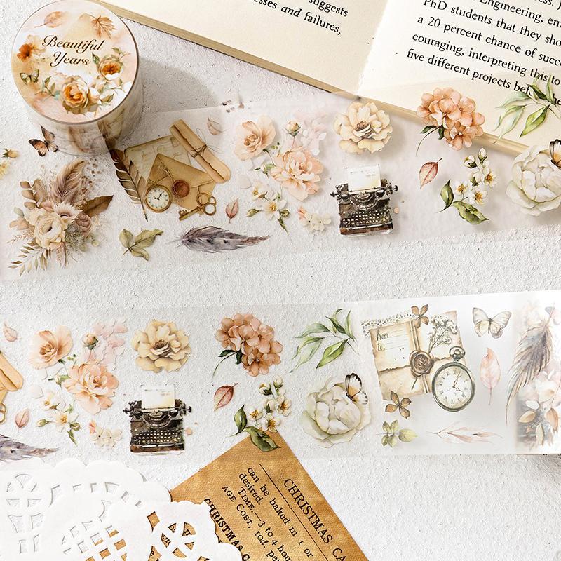 Vintage Floral Pattern Tape (4 Rolls), PET Material Water Cup Photo Frame Wall Room Decorative Tape, Scrapbooking DIY Decoration Tape