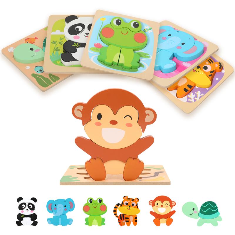 edutree Wooden Puzzles for Toddlers 2-4, 6 Pack Animal Shape Puzzle Montessori Toys for 1 2 3 Year Old, Educational Learning Toys for Girls Boys