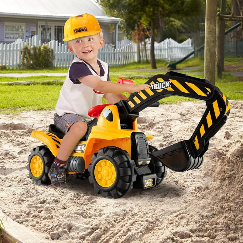 [ShopTab] Festival Joy Ride on Excavator, Construction Vehicles, Excavator Digger Bulldozer W Safety Helmet, 3 Rocks, Horn, Under-seat Storage,