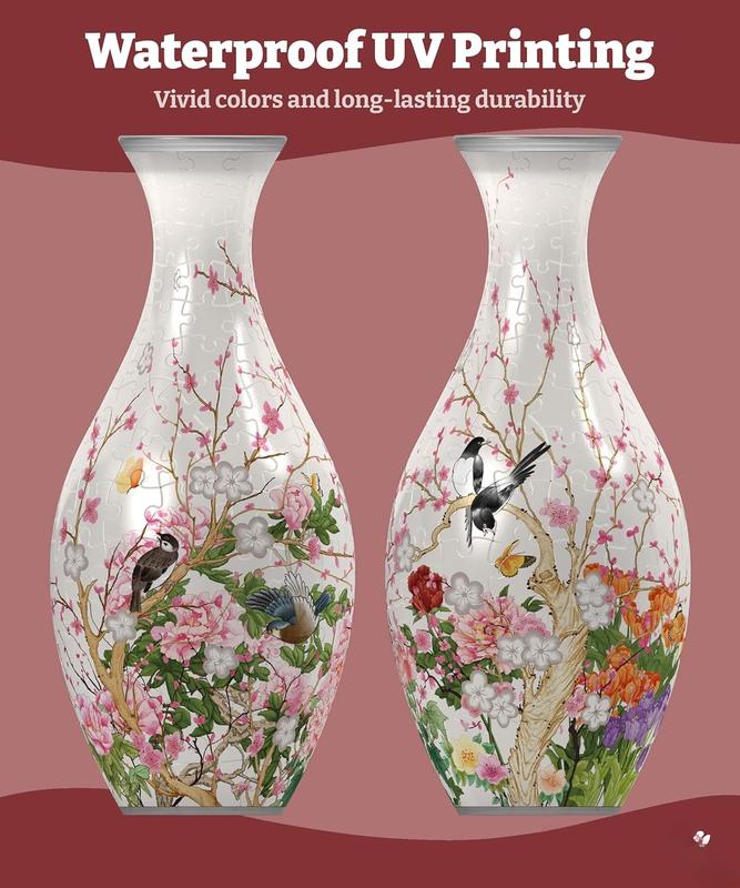 3D Puzzle Vase Unique Flower Vase Made by 160 Curved Plastic Puzzle Pieces House Warming Gift for Flower Arrangements and Home Decoration - [S1035] (Translucent, Flowers and Birds)