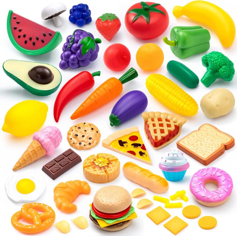 50 Pieces Kids Plastic Play Food Toys, Fake Food, Pretend Kitchen Playset Christmas New Year Bithday Gifts