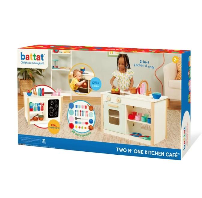 Battat Two n' One Wooden Kitchen Café with 30 Cooking Toys and Chalkboard