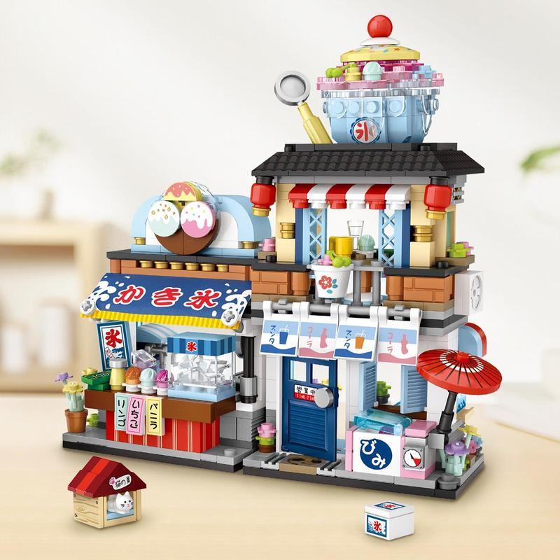 Street View Building Block Set, 668pcs set Ice Cream Shop Building Block Set, Home Decoration Ornaments, Model & Toy Scene for Boys & Girls