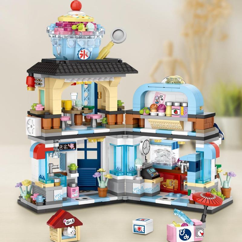 Street View Building Block Set, 668pcs set Ice Cream Shop Building Block Set, Home Decoration Ornaments, Model & Toy Scene for Boys & Girls