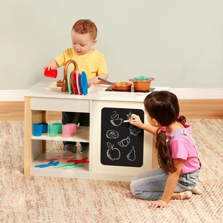 Battat Two n' One Wooden Kitchen Café with 30 Cooking Toys and Chalkboard