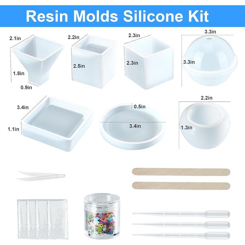 Resin Molds Silicone Kit 20Pcs,Epoxy Resin Molds Including Sphere,Cube,Pyramid,Square,Round, Used for Create Art,DIY,Ash Trays,Coasters,Candles.Bonus Decorative Sequins and The Complete Set Tools