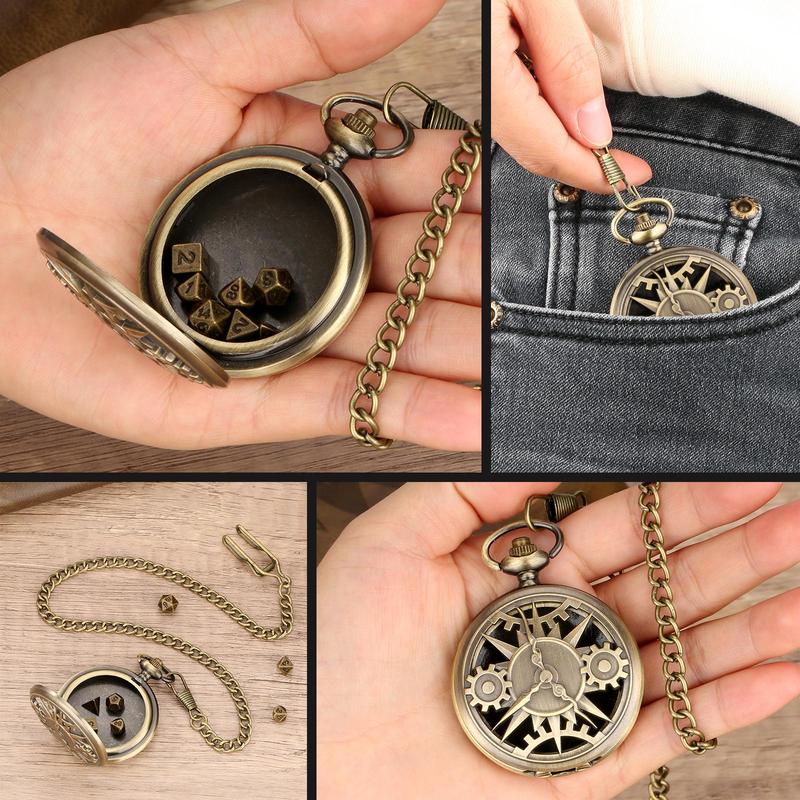 Bronze Steampunk Hollow Out Pocket Watch Shell Case with 7 Dice Set, Dungeons and Dragons Dice Toys with Gift Box, Role Playing Board Games Accessories