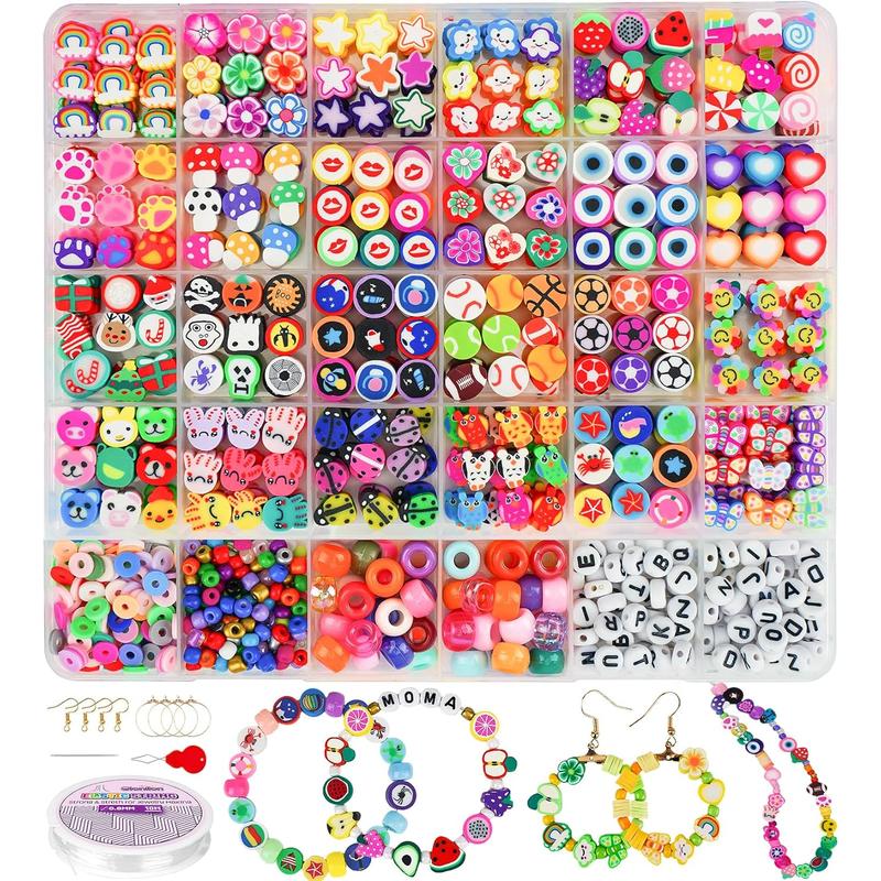 Gionlion 1000PCS Polymer Clay Beads Bracelet Making Kit, 30 Style Cute Fun Fruit Flower Rainbow Butterfly Animal Heart Star Beads Charms for Jewelry Necklace Making Christmas Gift for Girls Women Gionlion