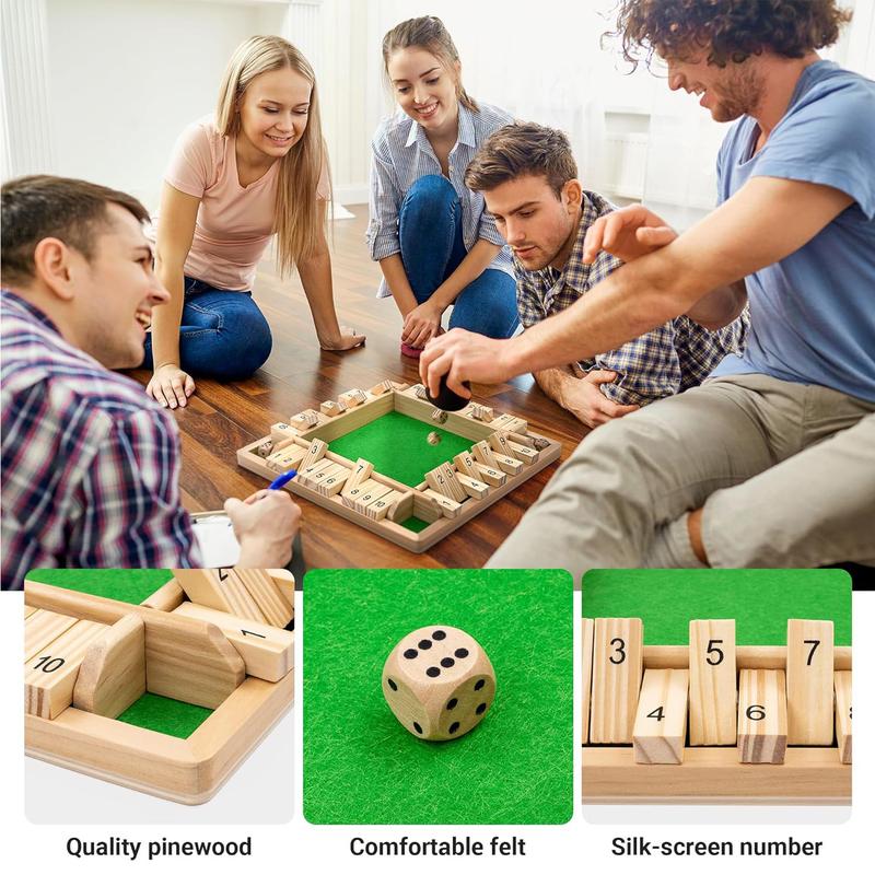 Wooden Shut The Box Game (2-4 Players) - Large 4 Sided Board, 2 Dice - Wooden Board Table Math Game Amusing Addition Game for Kids & Adults, 9 Inch