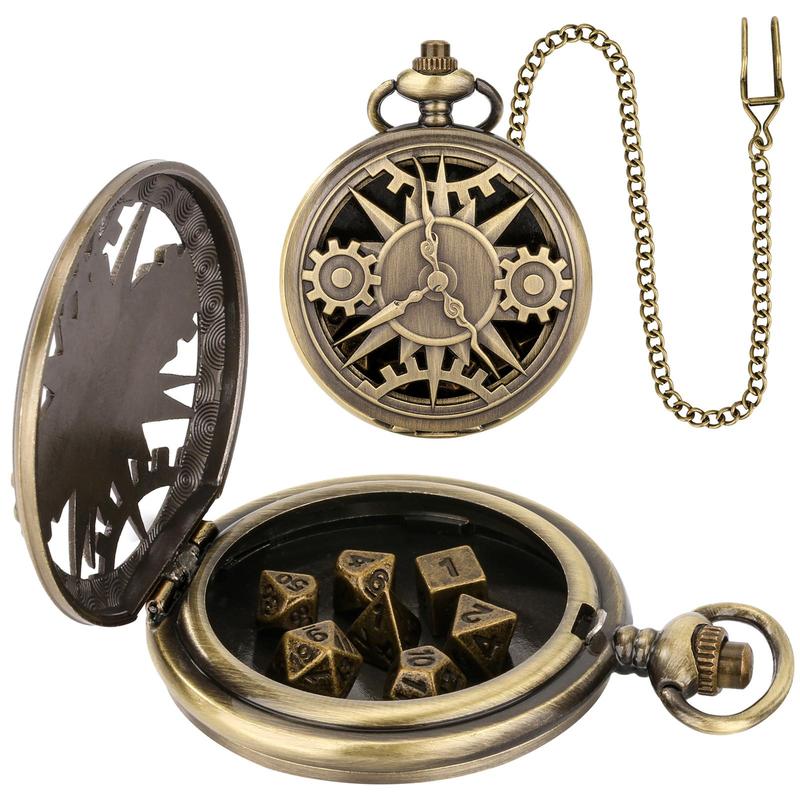 Bronze Steampunk Hollow Out Pocket Watch Shell Case with 7 Dice Set, Dungeons and Dragons Dice Toys with Gift Box, Role Playing Board Games Accessories